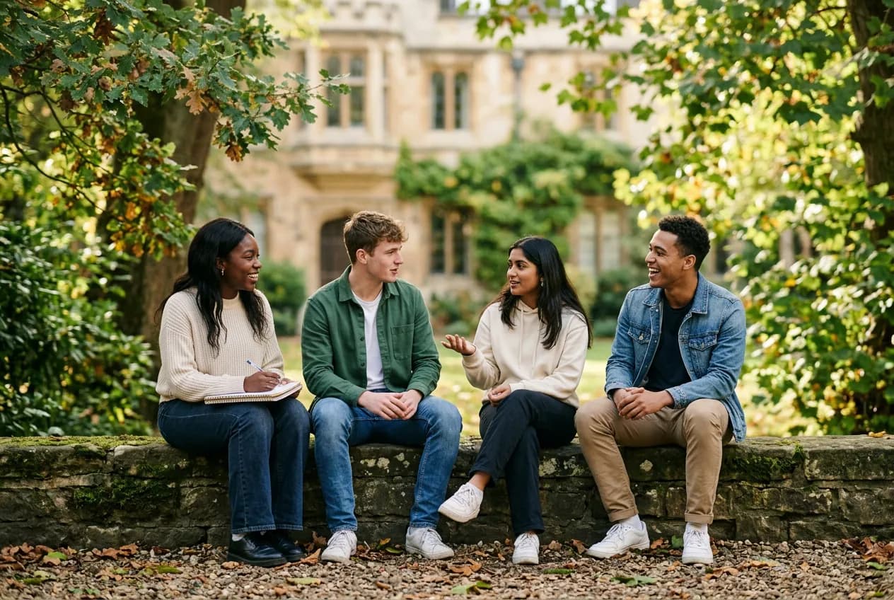 A group of young people sharing a conversation outdoors