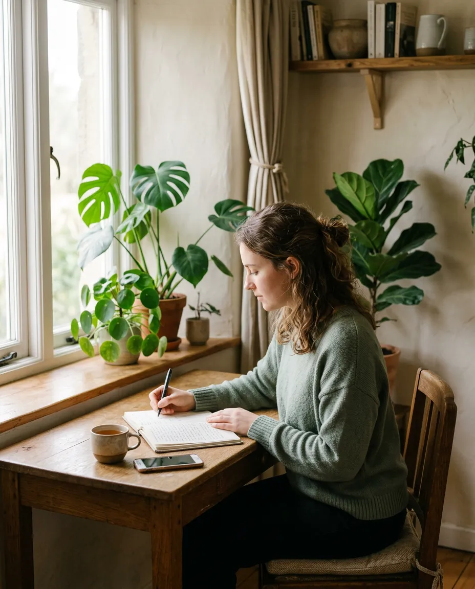 A young person journaling calmly in natural light