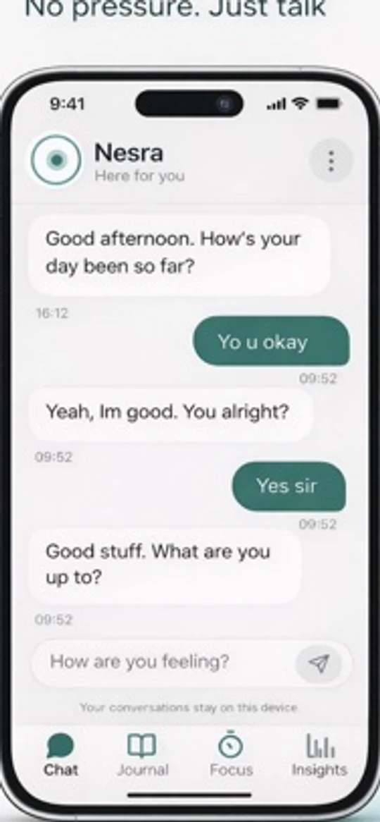 Nesra AI Chat screen showing a friendly conversation with the companion