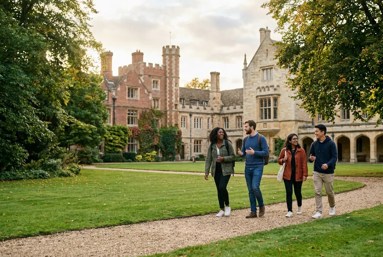 University students walking together across a green campus