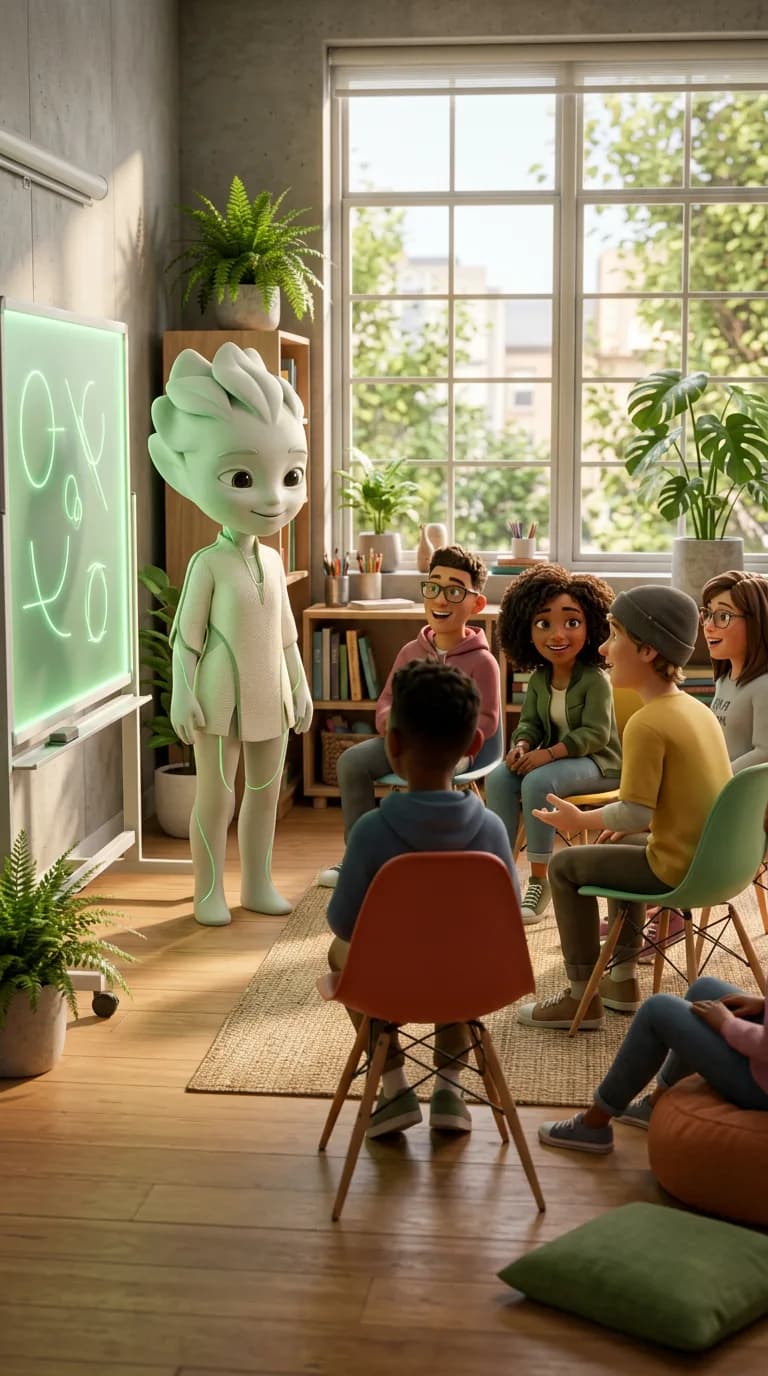 Nera stands beside a glowing whiteboard while a group of students chat in a bright classroom