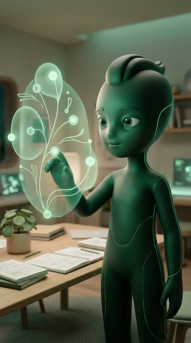 Sol studies a glowing translucent map of connected ideas in a quiet studio