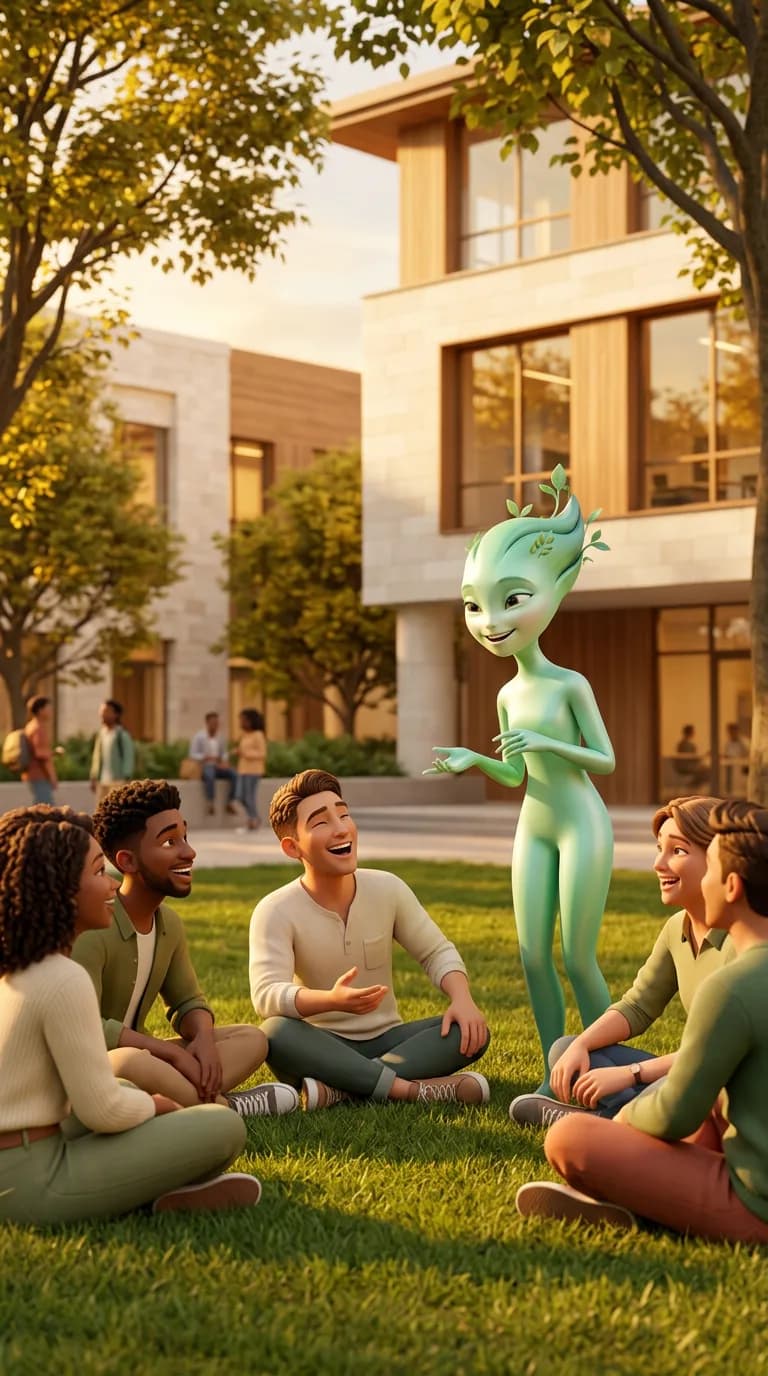 Ari joins a laughing group of students sitting on the grass in a university courtyard