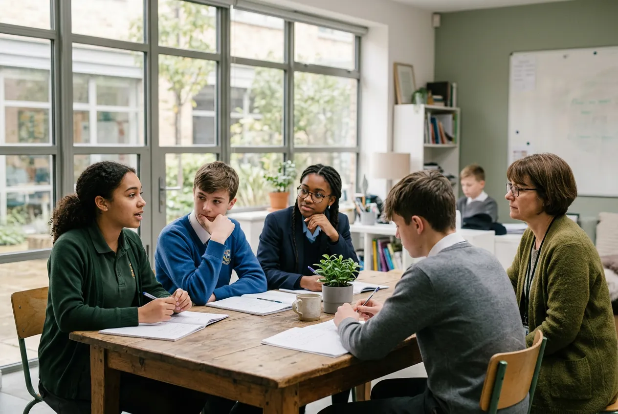 Students in a calm classroom discussion while a teacher listens